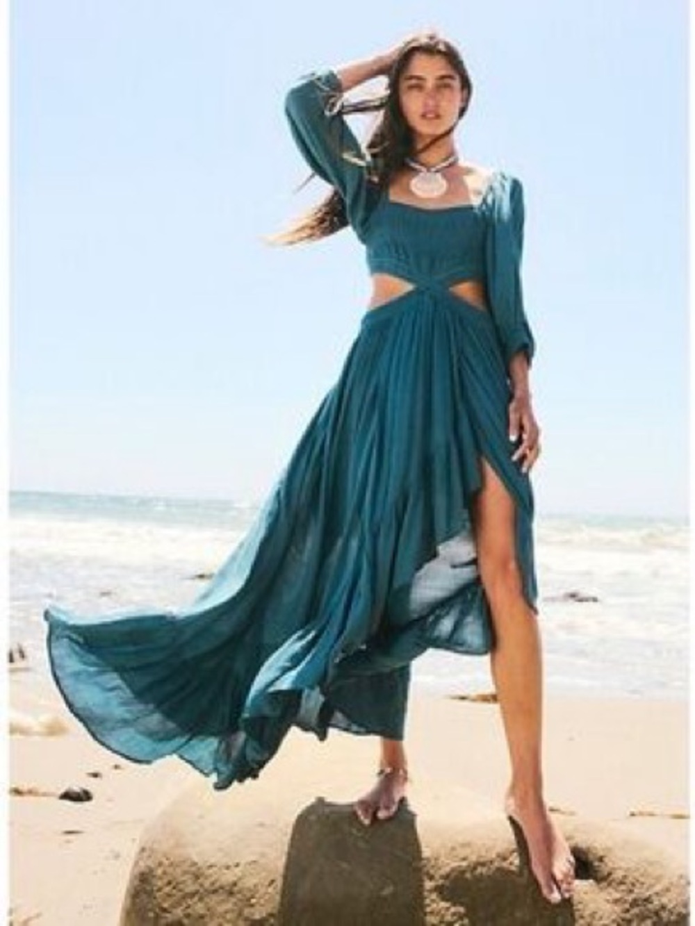 Free People Teal Blue Cross my Heart cut-out maxi L